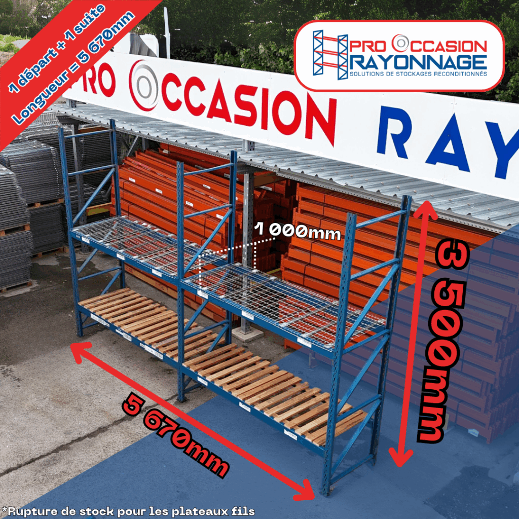 Rayonnage industriel Provost Propal – Hauteur 2 100 mm, Longueur 5 670 mm, Profondeur 1 000 mm, 2 niveaux, 3 tonnes par niveau - Image 1
