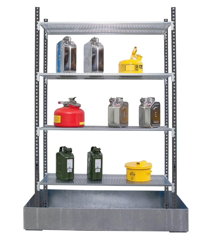 Rayonnage léger avec rétention au sol – 179 L, 4 niveaux, 1 travée, stockage de produits dangereux - Image 1