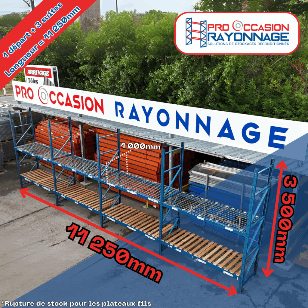 Rayonnage industriel Provost Propal – Hauteur 2 100 mm, Longueur 11 250 mm, Profondeur 1 000 mm, 2 niveaux, capacité 3 tonnes/niveau - Image 1