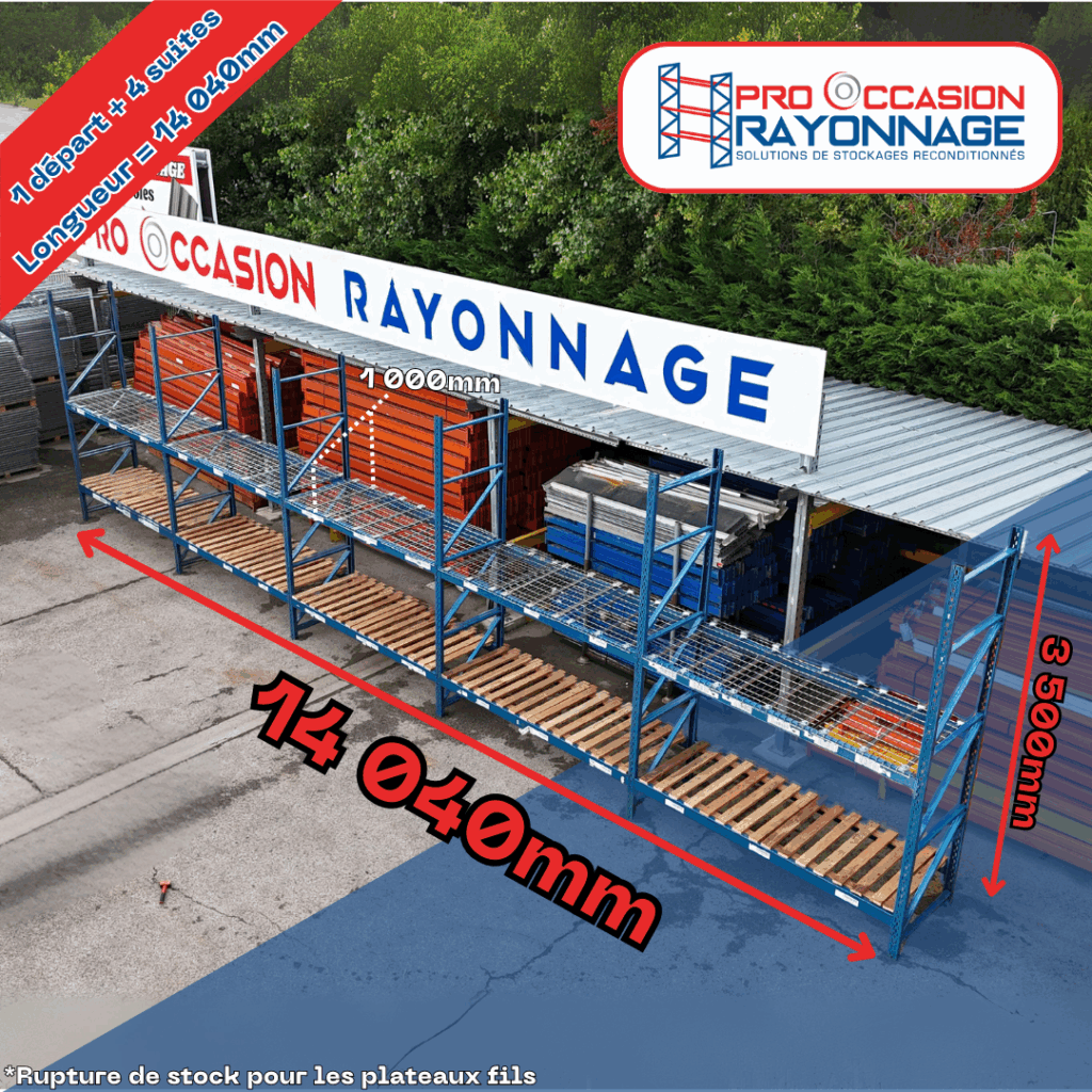 Rayonnage industriel Provost Propal 1ère génération – Hauteur 2 100 mm, Longueur 14 040 mm, Profondeur 1 000 mm, 2 niveaux, capacité 3 tonnes/niveau - Image 1