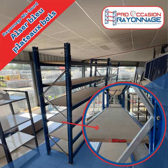 Rayonnage mi-lourd ALSER – Bleu – Hauteur 3000mm, Longueur 2700mm, Profondeur 500mm ou 650mm – Capacité 700kg par niveau – 5 niveaux modulables - Image 3