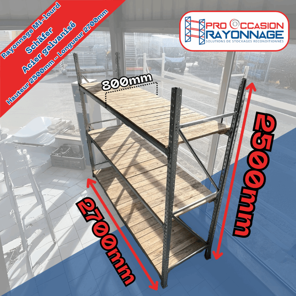 Rayonnage mi-lourd galvanisé Schafer – 3 niveaux – 2500 mm x 2700 mm x 800 mm – Capacité > 800 kg/niveau - Image 1