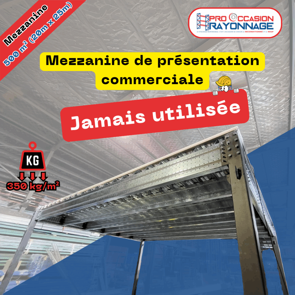 Mezzanine industrielle 500 m² – Comme neuve – Démonstration commerciale, jamais utilisée – Plancher bacacier métallique – Charge 350 kg/m² 1