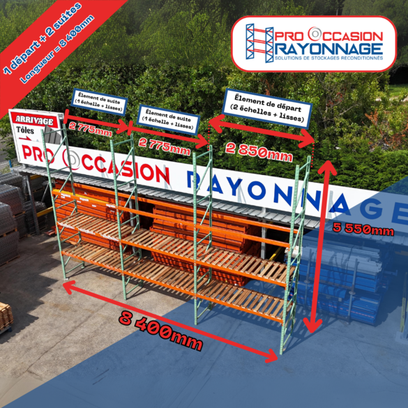 Rayonnage à palettes Manulab d&rsquo;occasion – Hauteur 5 500mm, Longueur 8 400mm, Profondeur 1 000mm – 3 niveaux, capacité 2.4 t/niveau - Image 3