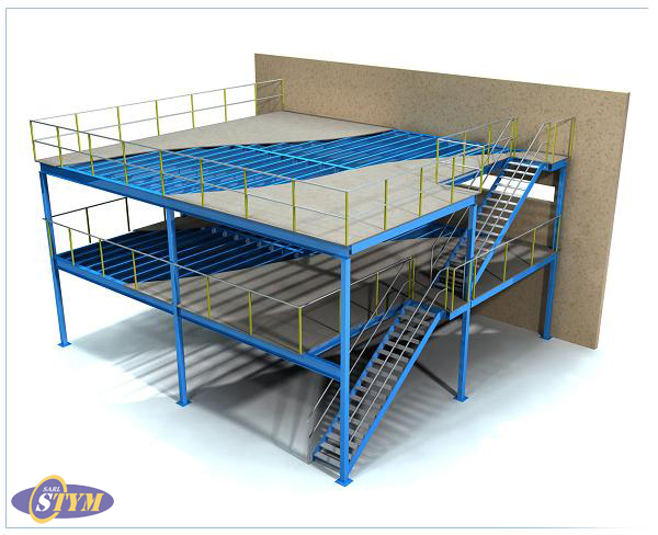 Mezzanine à poteau autoportante sur mesure avec rails de sécurité et étages multiples - Image 3