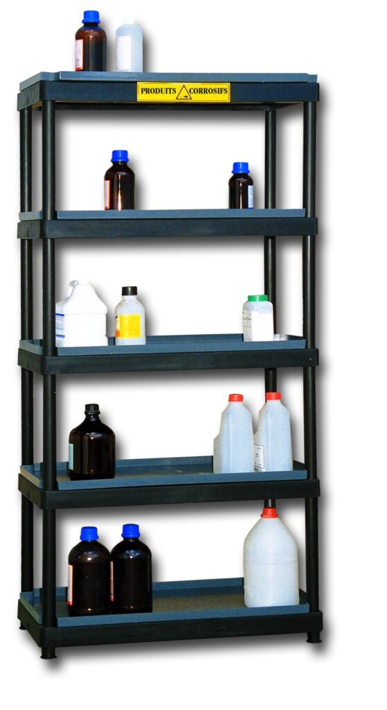 Rayonnage PE pour flacons et bidons sur 5 niveaux – 900 mm x 450 mm x 1820 mm – 35 kg – 60 l de rétention - Image 1