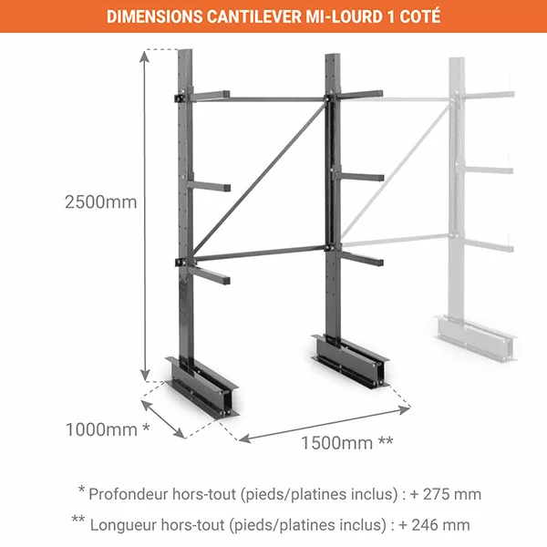 Cantilever mi-lourd – Rack de stockage à 4 niveaux – Hauteur 2500mm – Longueur 1500mm – Profondeur 1000mm – Charge max par bras 275kg - Image 3