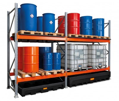 Rayonnage à palettes avec bacs de rétention PE – Stockage produits chimiques – Charges jusqu&rsquo;à 3850 kg – Rétention 405 à 1100 l 1