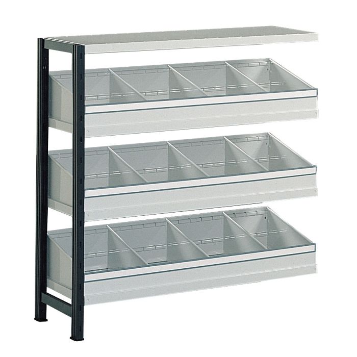 Kit comptoir suivant avec casiers rayonnage Universel peint L.970 x P.500 mm – Charge 170 kg, 3 casiers triangulaires, 9 séparations 1
