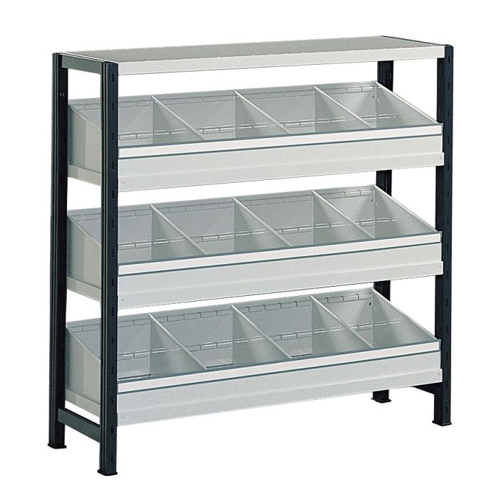 Comptoir rayonnage métallique RU avec casiers P.600 mm – Gris clair RAL 7035, charge 170 kg par niveau 1