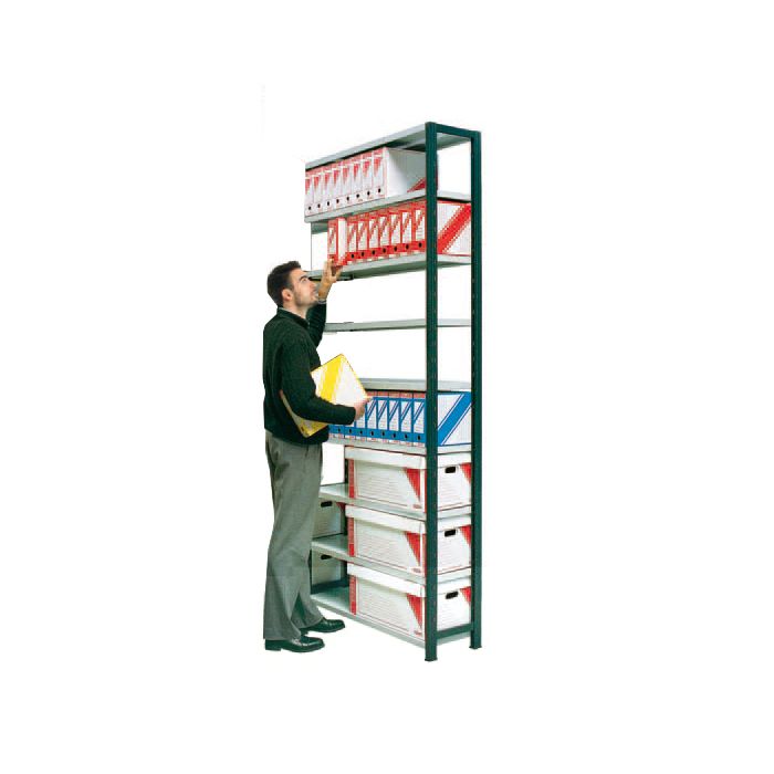Kit suivant rayonnage pour archives peint Universel H.2500 avec 9 tablettes L.970 x P.350 mm – capacité 88 boîtes 1