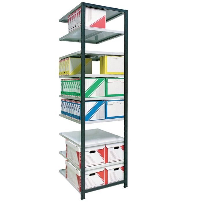 Kit suivant rayonnage pour archives peint Universel H.2500 avec tablettes L.970 x P.700 mm – capacité 176 boîtes 1