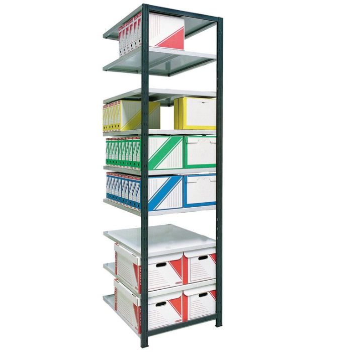Kit suivant rayonnage pour archives peint Universel H.2500 avec tablettes L.1170 x P.700 mm – capacité 224 boîtes archives 1