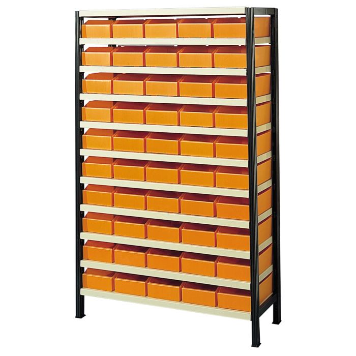Rayonnage picking avec 50 bacs plastiques oranges 7L – Rayonnage métallique avec 11 niveaux réglables 1
