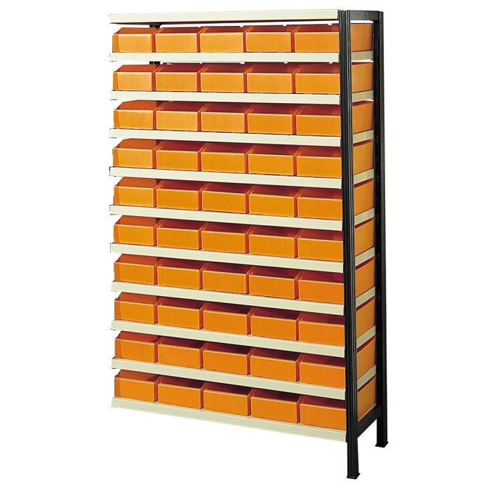 Kit suivant rayonnage avec 50 bacs plastiques oranges 7 L – 11 niveaux tablettes réglables 1