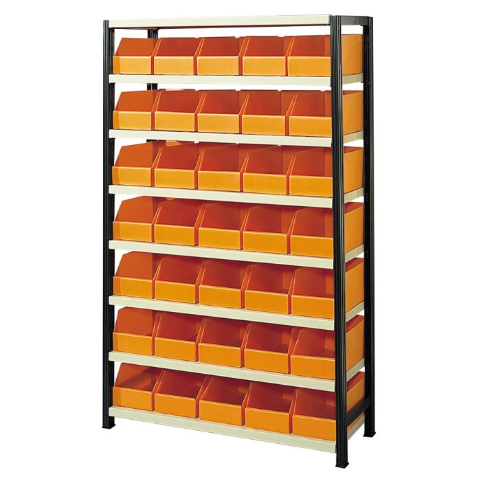 Rayonnage picking métallique avec 35 bacs plastiques orange de 10.5 L – échelles et tablettes réglables 1