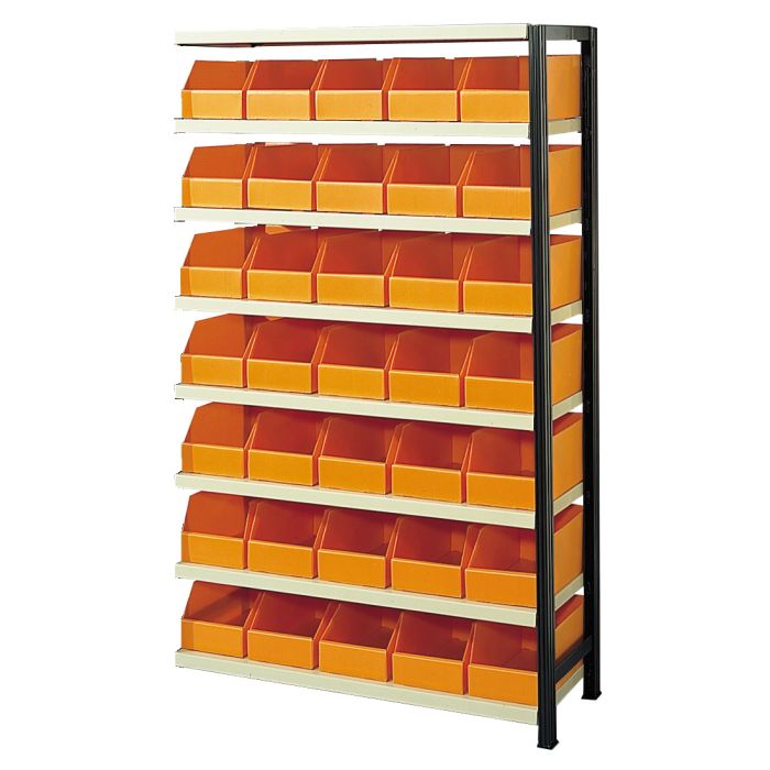 Kit suivant rayonnage avec 35 bacs plastiques oranges 10.5 L – 1 échelle, 8 niveaux tablettes 1