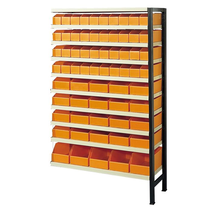 Kit suivant rayonnage avec 65 bacs plastiques oranges – 1 échelle, 10 tablettes, bacs de 5L, 7L et 10,5L 1