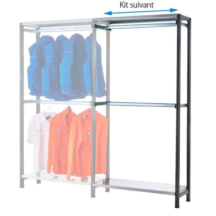Kit suivant rayonnage magasin vêtements RU – Échelle claire-voie, 2 porte-cintres, 2 tablettes pleines L.970 mm - Image 1