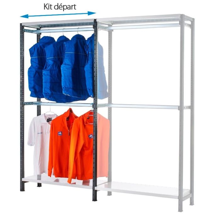 Rayonnage magasin vêtements RU L.1170 mm – 2 niveaux porte-cintres et 2 tablettes – Charge 75 kg par niveau - Image 1