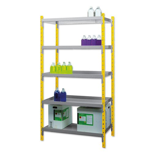Rayonnages de sécurité en HDPE ou acier inox – 5 niveaux (70 kg/niveau) ou 4 niveaux (250 kg/niveau) – Bacs de rétention amovibles 1