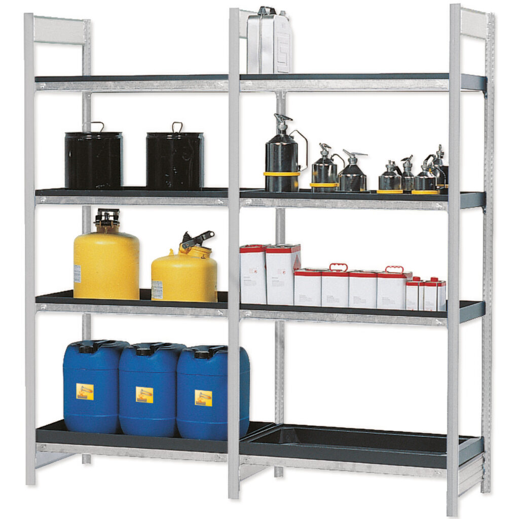 Rayonnages de sécurité Asecos – Stockage produits dangereux et corrosifs avec bacs de rétention – Modèles RWW et RSW 1