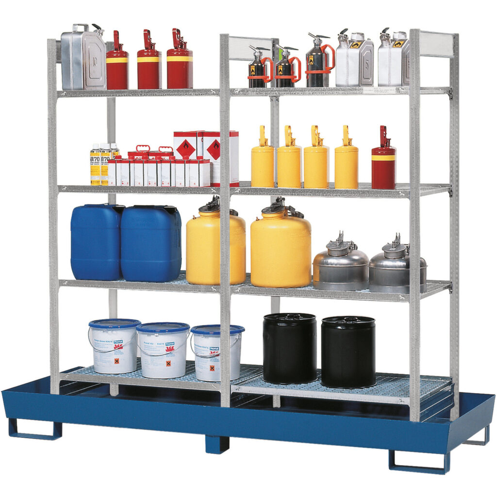 Rayonnages de sécurité Asecos avec palette de rétention – Stockage inflammables ou polluants – Modèles RWG et RWF 1