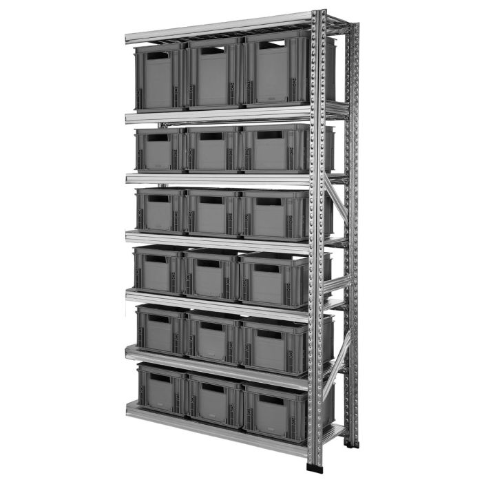 Kit suivant rayonnage Galva Caisse 2 – 7 niveaux, 15 caisses 20L et 3 caisses 30L – Charge 155 kg par tablette 1