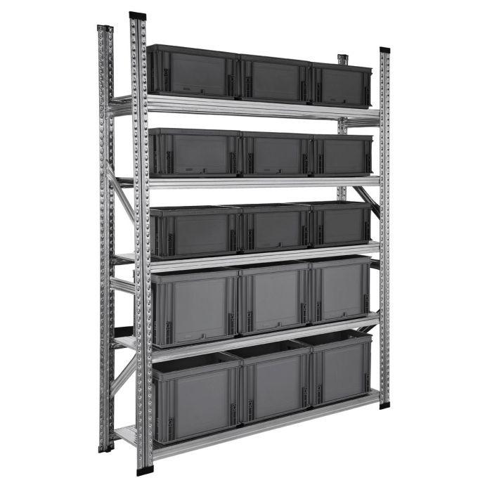Kit départ Galva Caisse 1 – Rayonnage galvanisé 5 niveaux avec 15 bacs plastiques (9 x 20 L, 6 x 30 L) 1