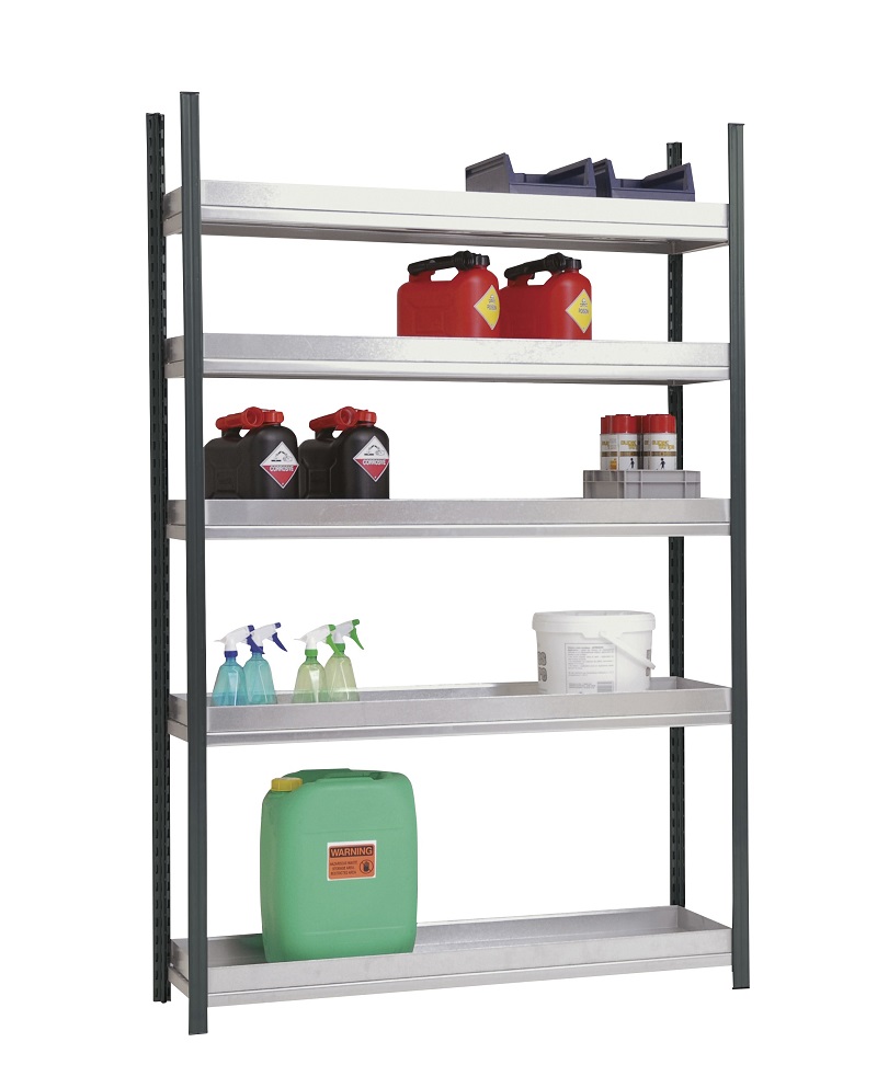 Rayonnage de rétention PROSPACE+ – Stockage sécurisé pour produits dangereux et d&rsquo;entretien – 5 niveaux, 150 kg par niveau, 2 profondeurs et 2 longueurs 3