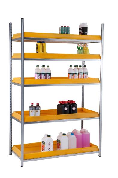 Rayonnage de rétention PROSPACE+ – Stockage sécurisé pour produits dangereux et d&rsquo;entretien – 5 niveaux, 150 kg par niveau, 2 profondeurs et 2 longueurs 1