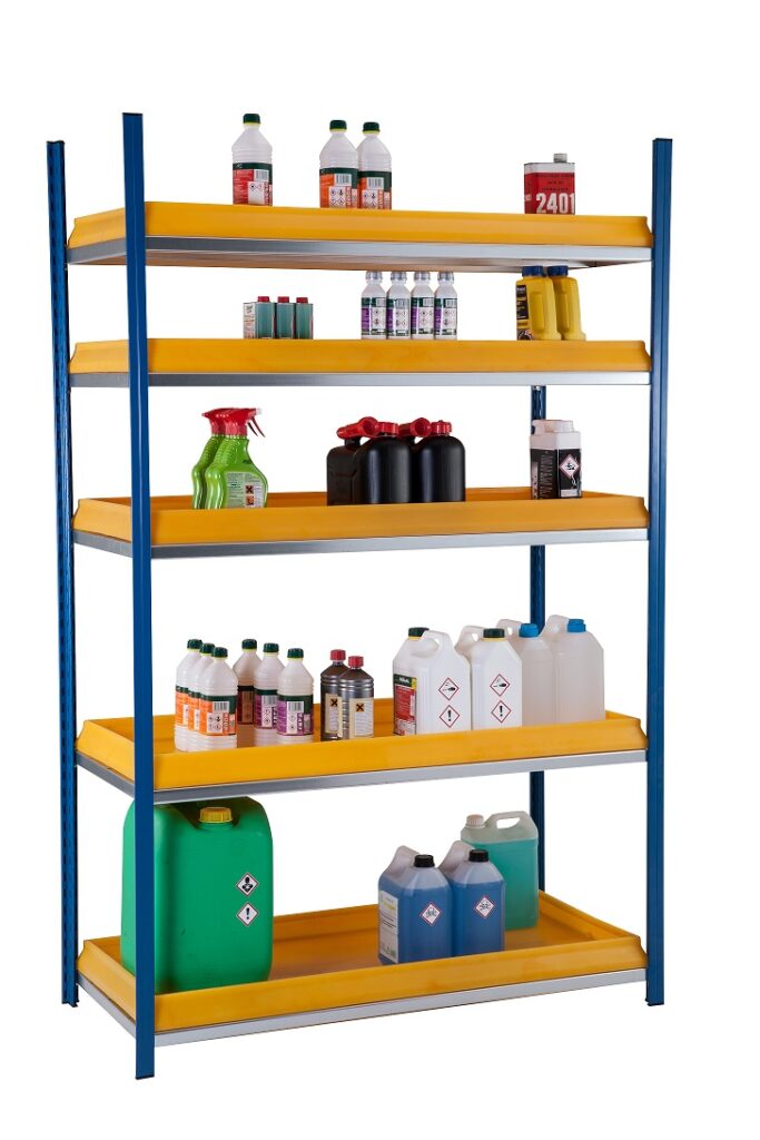 Rayonnage de rétention PROSPACE+ – Stockage sécurisé pour produits dangereux et d&rsquo;entretien – 5 niveaux, 150 kg par niveau, 2 profondeurs et 2 longueurs 4