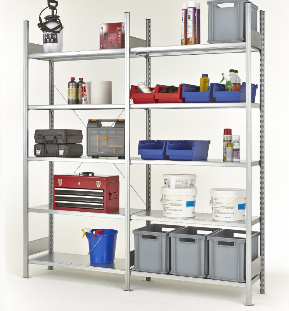 Rayonnage à tablettes métalliques PROSPACE+ – Rayonnage léger modulable avec tablettes galvanisées – 5 niveaux – Charge 50 à 150 kg 1