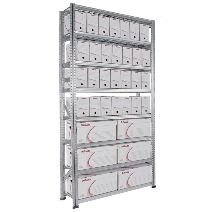 Rayonnage d&rsquo;archive simple face 8 niveaux – L.1200 x P.400 mm – Capacité 104 boîtes – Charge 180 kg par tablette 1
