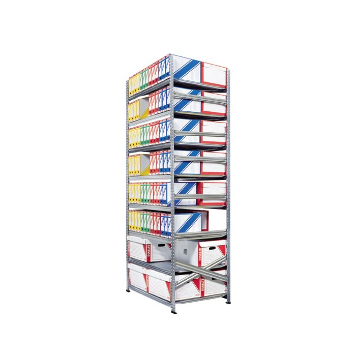 Rayonnage d&rsquo;archive double face 8 niveaux – L.1200 x P.700 mm – Capacité 208 boîtes – Charge 180 kg/niveau 1