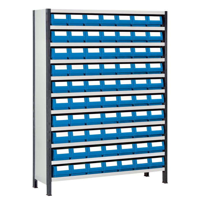 Rayonnage haut peint P.300 mm avec 70 bacs tiroirs plastique Multibox L.160 mm – étagère métallique 11 niveaux H.1650 mm 1