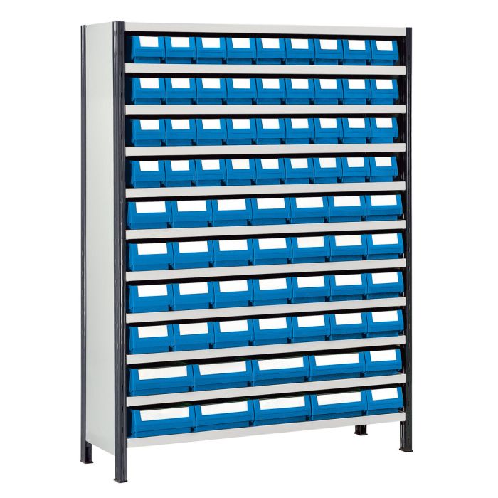 Rayonnage haut peint P.400 mm avec 74 bacs tiroirs Multibox – 2 échelles, 11 tablettes, fond tôlé – Gris RAL 7035 1