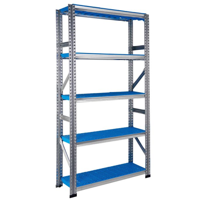 Rayonnage Galvaplast bleu L.1050 x P.320 mm Départ – 5 niveaux, charge 155 kg/tablette 1