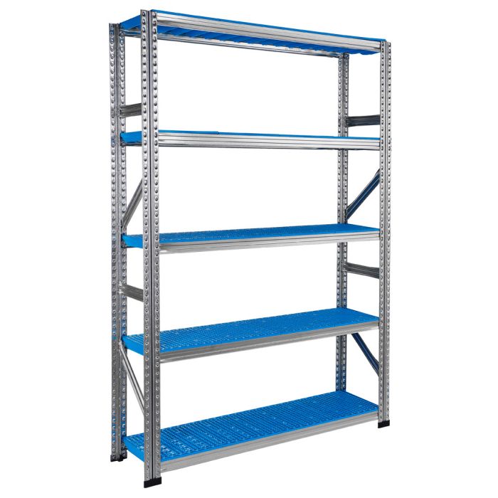 Rayonnage Galvaplast bleu L.1200 x P.500 mm Départ – 5 niveaux réglables, charge 180 kg par tablette 1