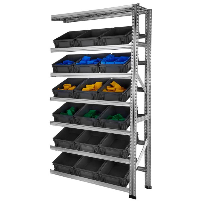 Kit suivant rayonnage picking Galvastar avec 18 caisses Athéna 400×300 – échelle et longerons 1