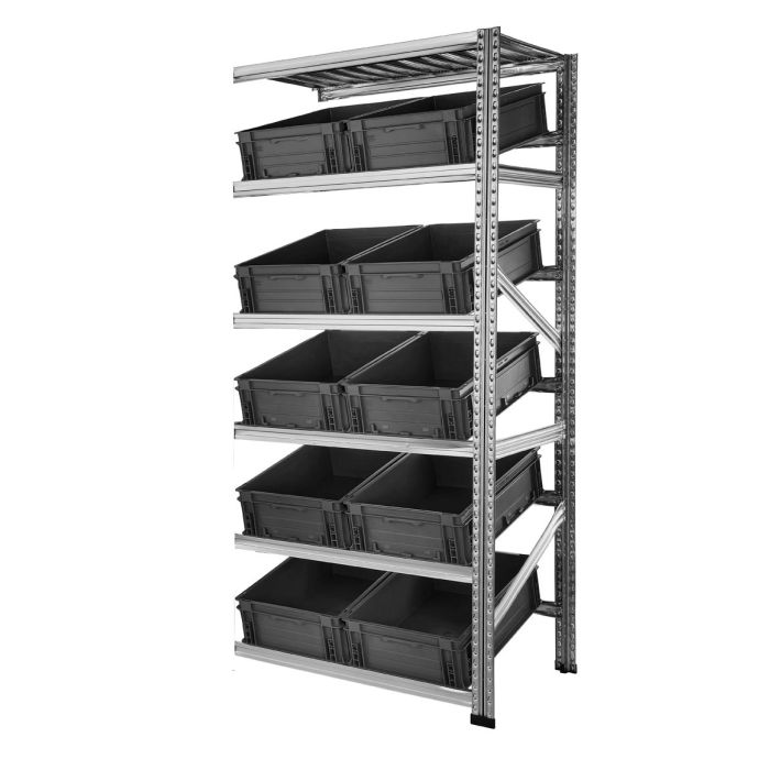 Kit suivant rayonnage picking Galvastar avec 10 caisses Athéna 600×400 – Échelle 600 mm, longerons 900 mm 1
