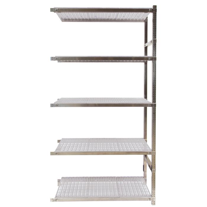 Kit suivant rayonnage alimentaire Storinox – 5 tablettes plastique blanc – 90 kg maxi – L. 935 x P. 390 x H. 1850 mm 1