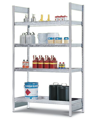 Rayonnage B pour produits dangereux/polluants – 4 bacs acier – 1060 x 640 x 2000 mm – pour petits récipients 1