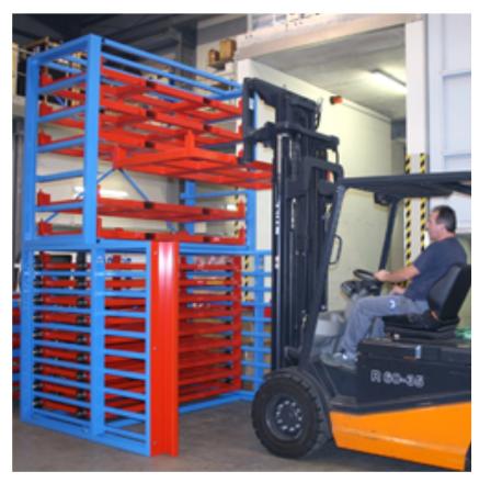 Rack à tôles sur plateaux extractibles par chariot élévateur – 6 plateaux de 2 tonnes – FPM 1 KF/MF/GF 1