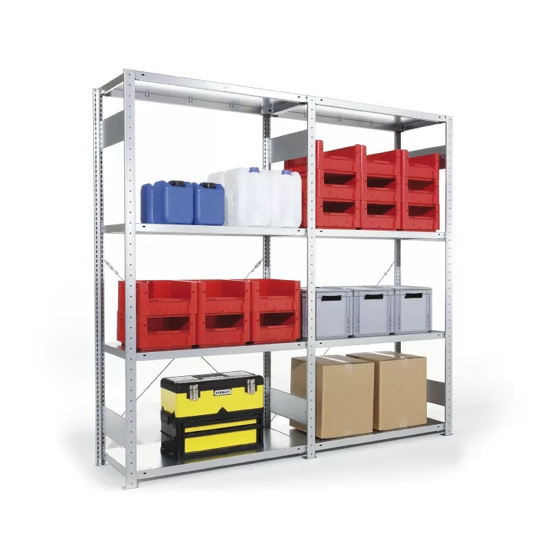 Rayonnage à tablettes métalliques tôlées évolutif ST40 – 6 hauteurs, 5 profondeurs, 5 longueurs – Capacité 80 à 330 kg 1
