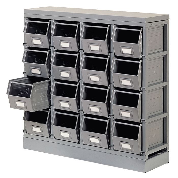 Rack de rangement 16 postes avec bacs métalliques vernis 12.5 litres – structure acier gris – socle et plan de travail 1