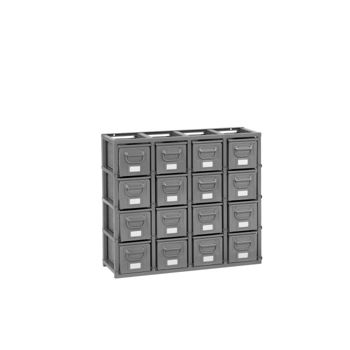 Rack de rangement 16 postes avec caisses métalliques vernies 12 litres – Socle et plan de travail – Gris 1