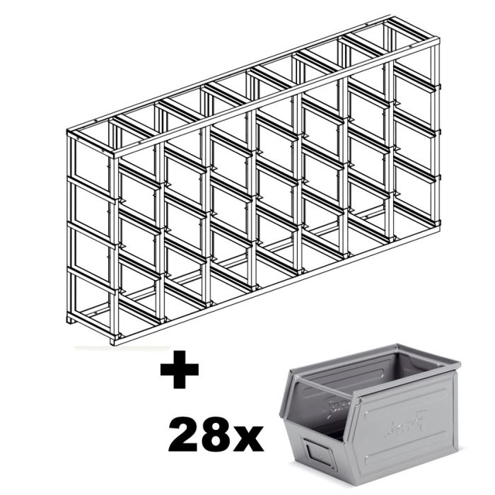 Rack de rangement 28 postes avec bacs métalliques vernis 12.5 litres – plan de travail et socle inclus 1