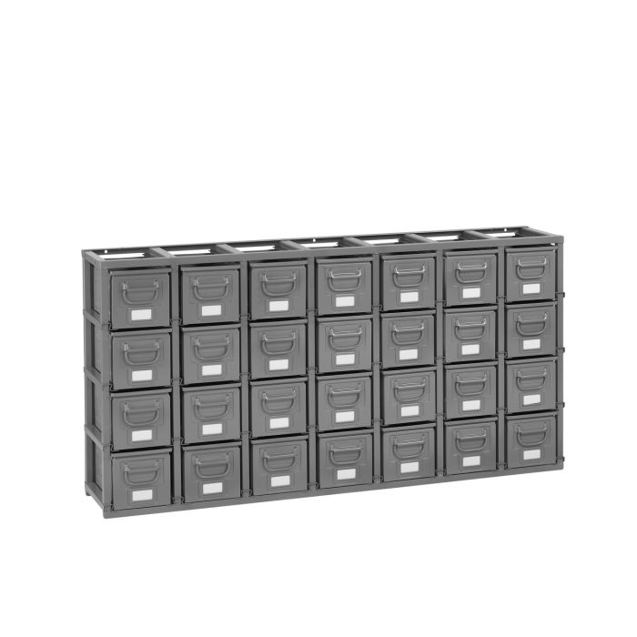 Rack de rangement 28 postes avec caisses métalliques vernies 12 litres – Socle et plan de travail – Dimensions 1765 x 310 x 885 mm 1