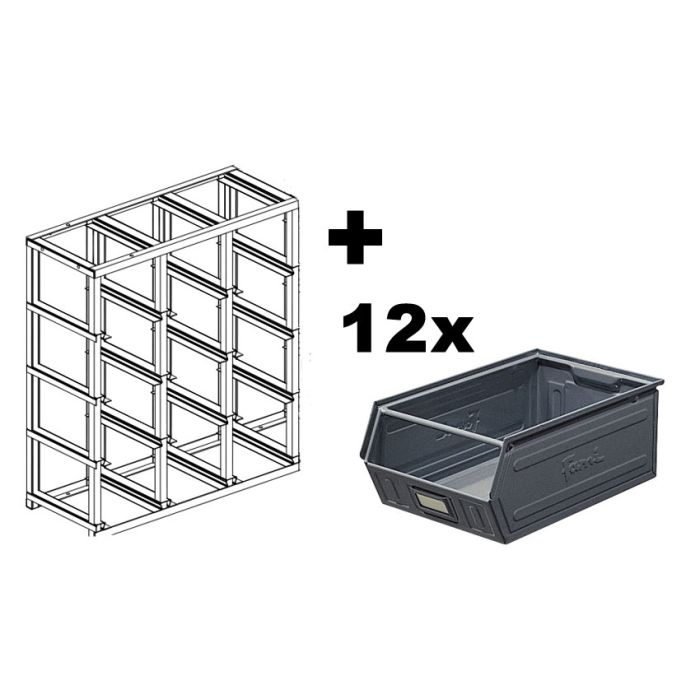 Rack de rangement 12 postes avec bacs métalliques vernis 28 litres – Structure métallique avec socle et plan de travail 1